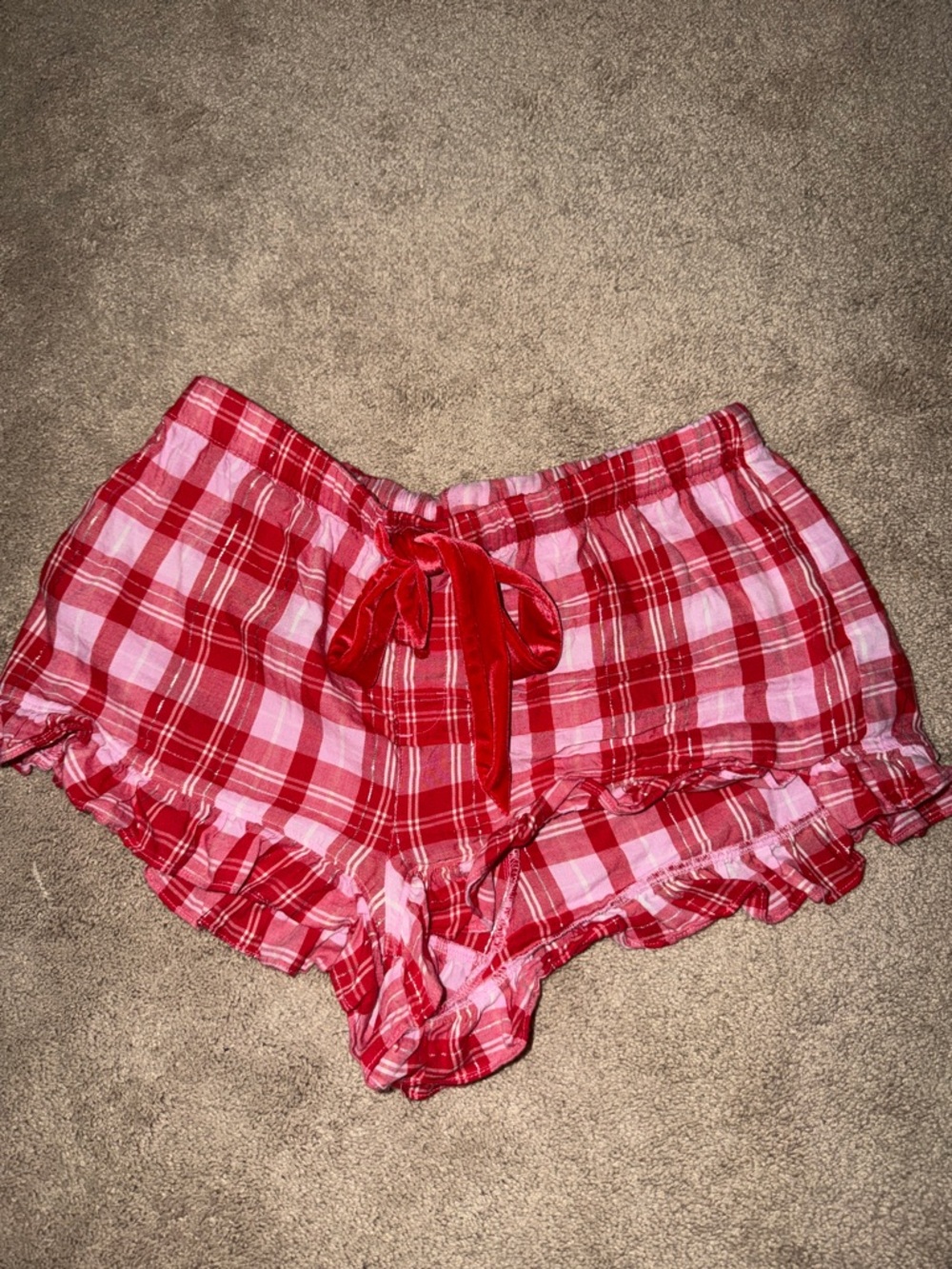 PINK Victoria's Secret Red & Pink Plaid Ruffle Sleep Shorts